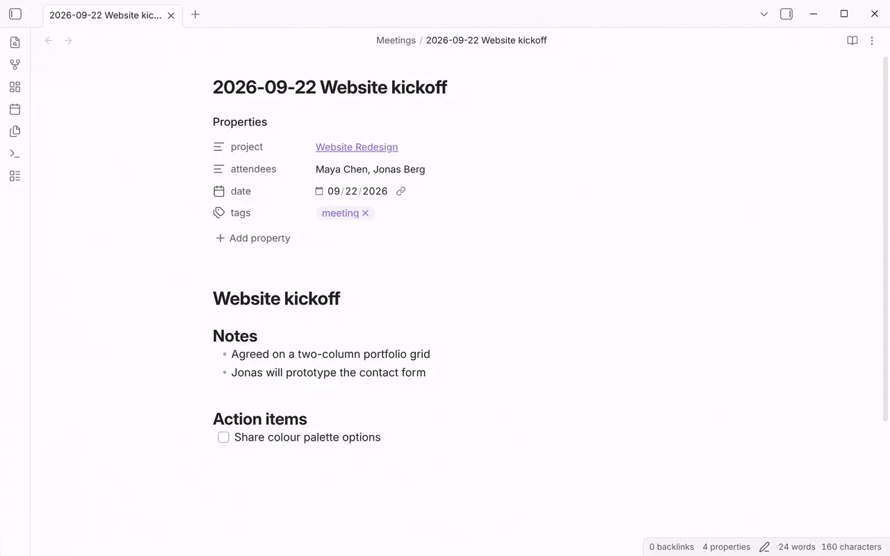 A Capture’s task prompt holds the draft “Ask Jonas to “. Clicking Peek at note hides the prompt and shows a “QuickAdd is waiting” chip. Selecting “prototype the contact form” in the meeting note and clicking Insert brings the prompt back with “Ask Jonas to prototype the contact form”, and Ok captures it to the Inbox