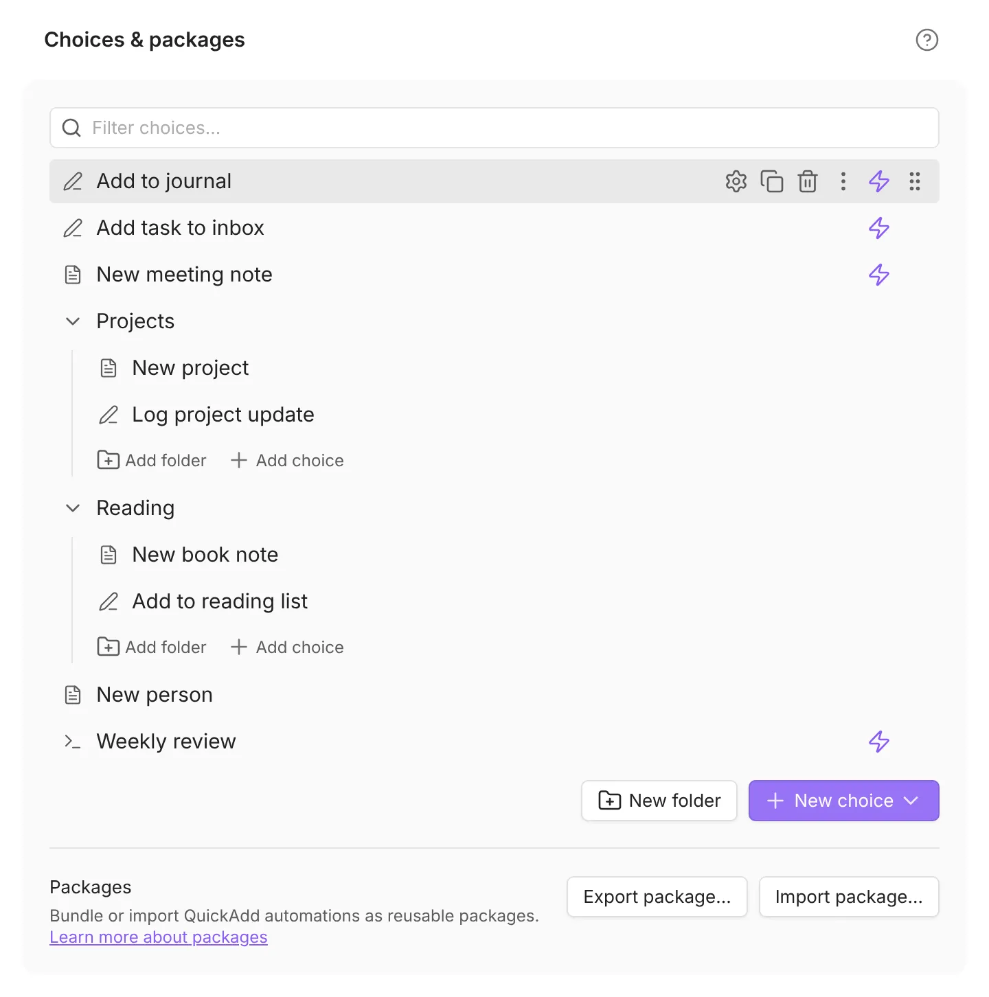 The Choices & packages section of QuickAdd settings: a filterable list of choices with Projects and Reading folders, row actions shown on hover for Add to journal, the New folder and New choice buttons, and the Export package… and Import package… buttons
